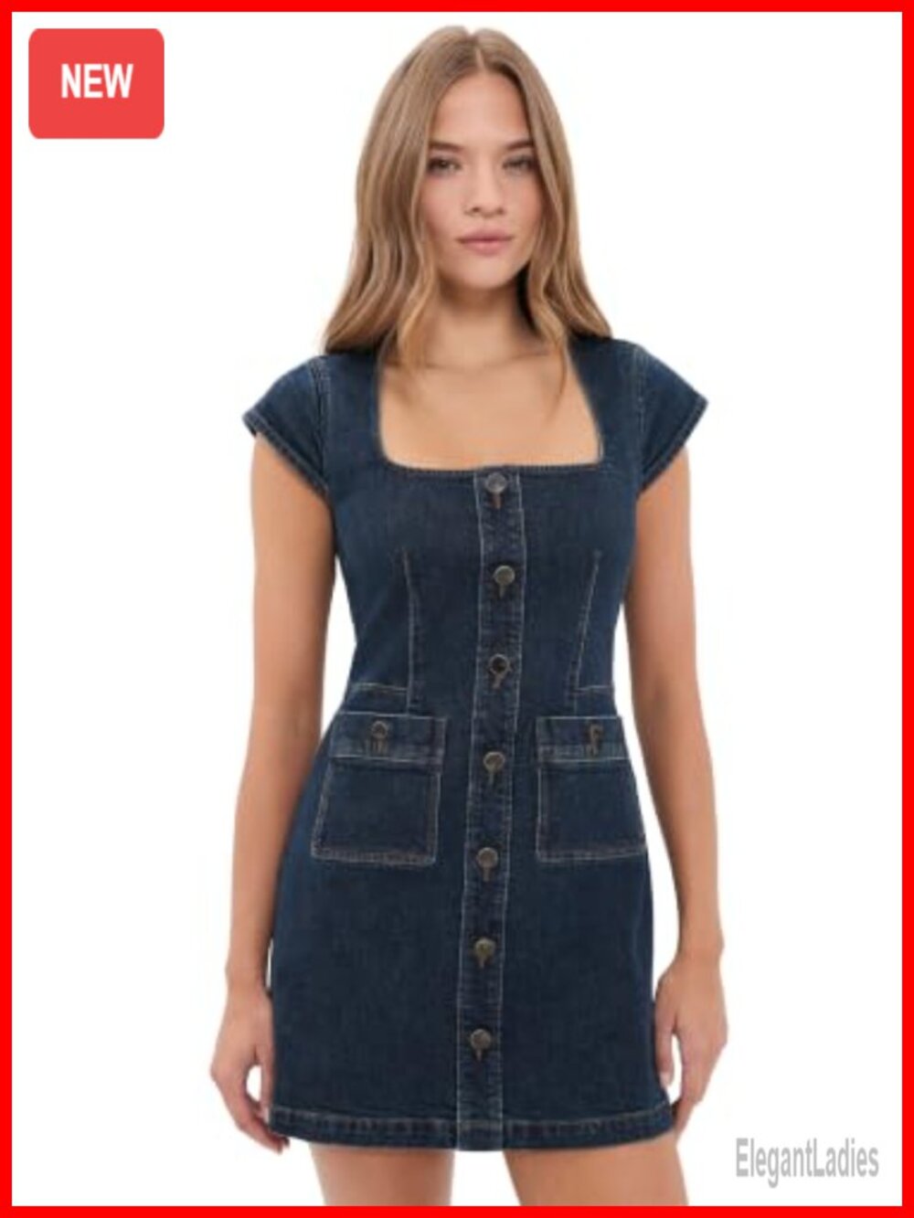 Mid-Weight Low-Stretch Denim Mini Dress Square Neck A-Line